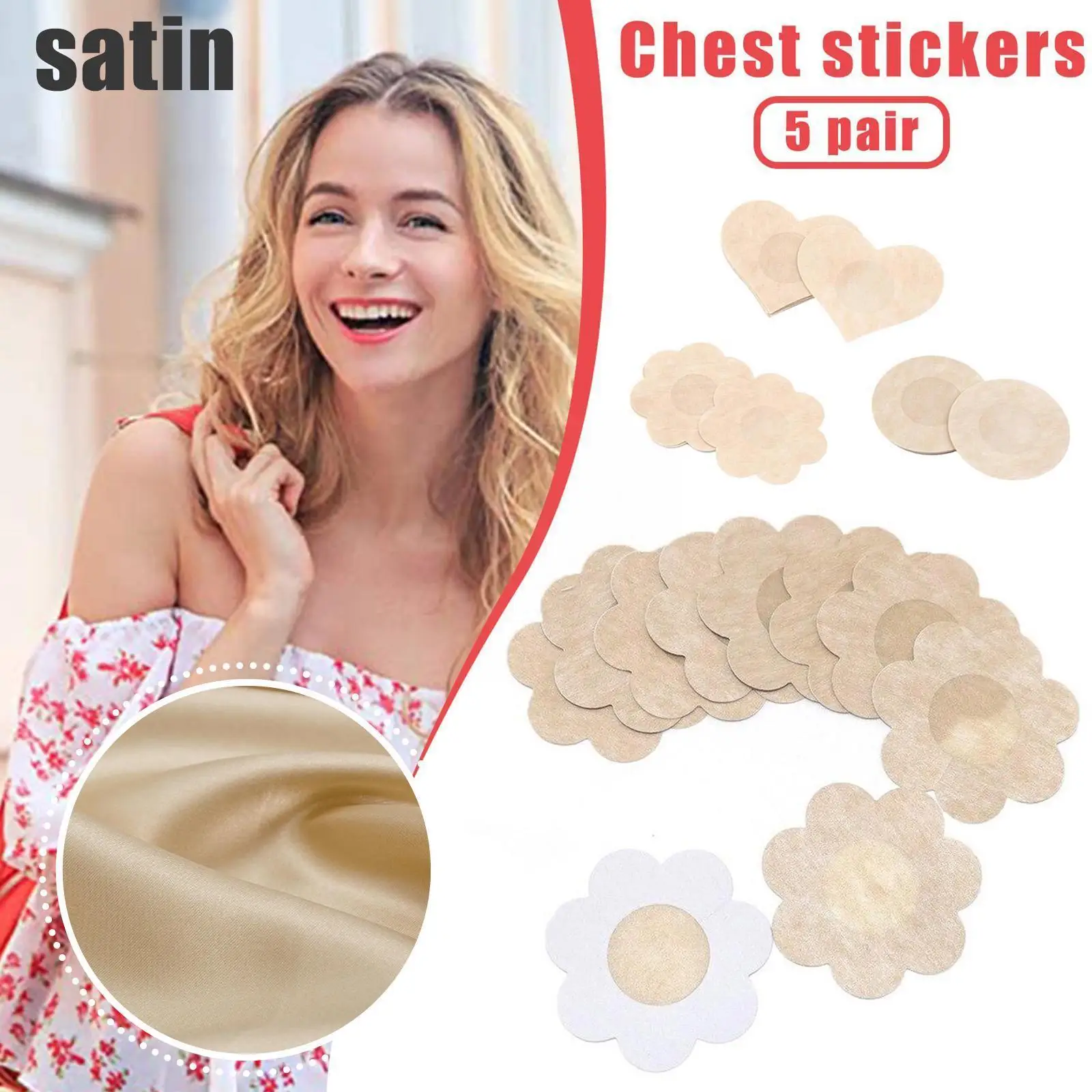 

5 Pair Disposable Chest Stickers Satin Beige Flower Shaped Bra Pad Sticker Heart Cover Nipple Accessories Round Patch Breas O3j8