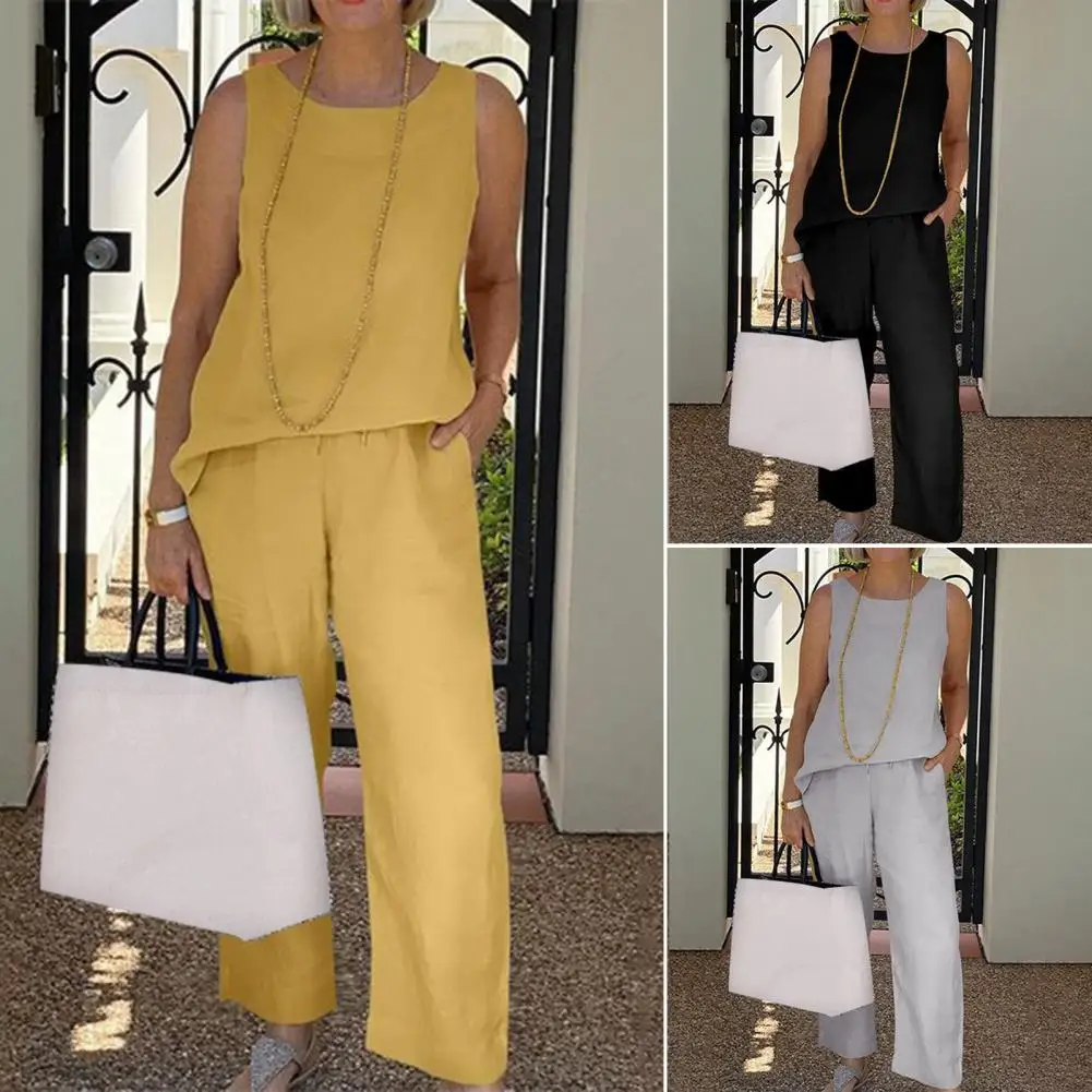 

Temperament 1 Set Popular Pure Color Loose-fitting T-shirt Pants Summer T-shirt Pants Round Neck for Holiday