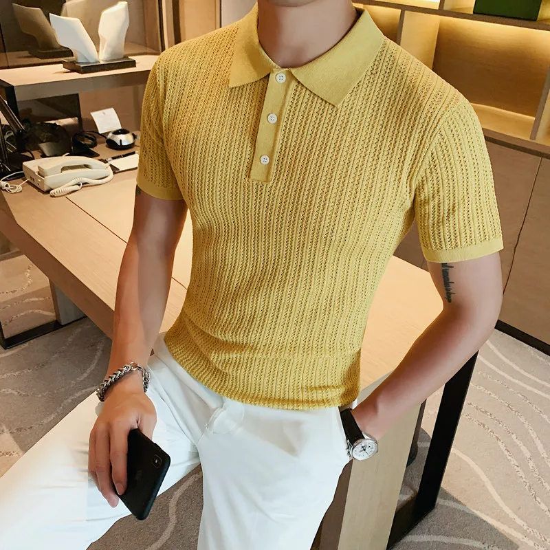 Купи 2022 British Style POLO Shirts Men Knitting Short Sleeve Shirts Solid Color Lapel Business Casual Top Summer Social Clothing 3XL за 712 рублей в магазине AliExpress