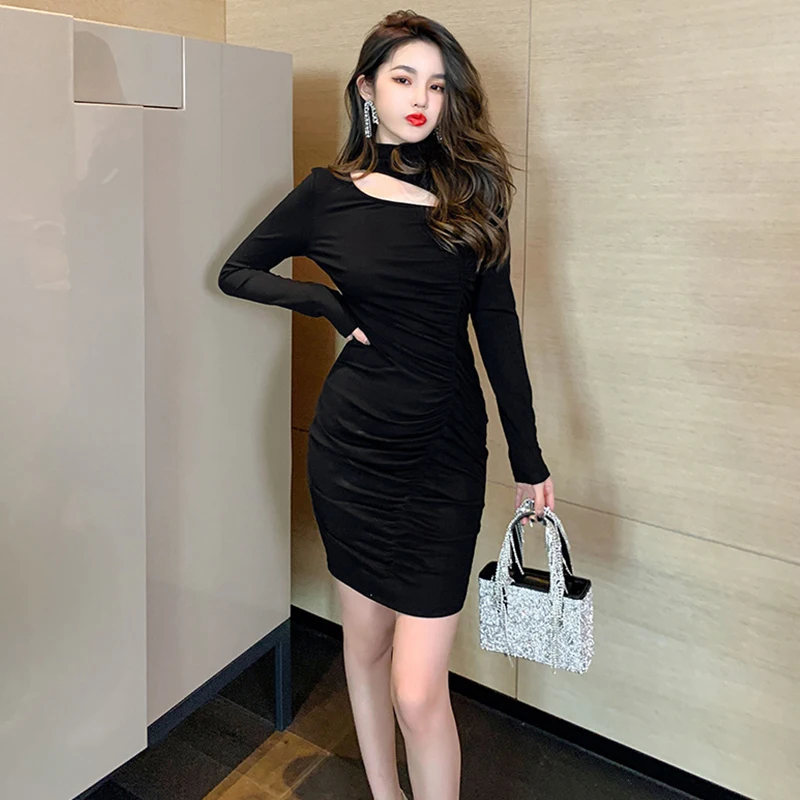 

2022 модное сексуальное женское платье с коротким высоким воротником, облегающее асимметричное однотонное платье со складками, женская одеж...