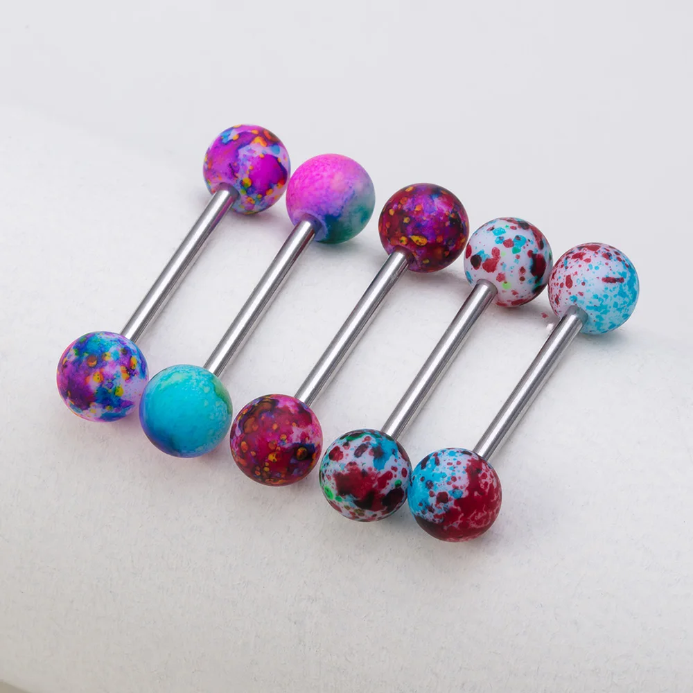 

5PCS Acrylic Colored Speckled 14G Tongue Rings Nipple Straight Barbells Surgical Steel Tongue Piercing Jewelry for Women Men