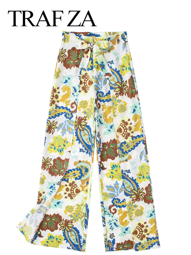 

TRAF ZA Popular Women's Trousers Elegant Print Lace Up Bow Skin-Friendly Fashion Slit Wide Leg Pants 2022 New Trend Vintage Wear