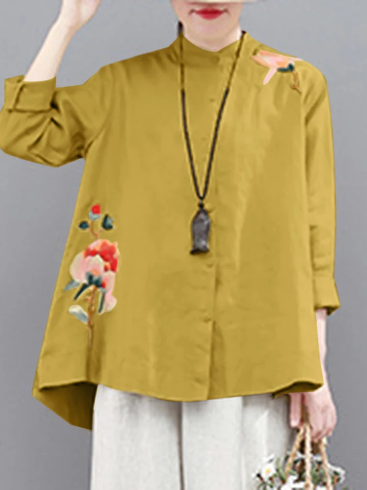 

Женская винтажная туника в стиле ретро, Повседневная однотонная блузка с вышивкой и длинным рукавом, рубашки из 2022 хлопка, блузы с цветочным...