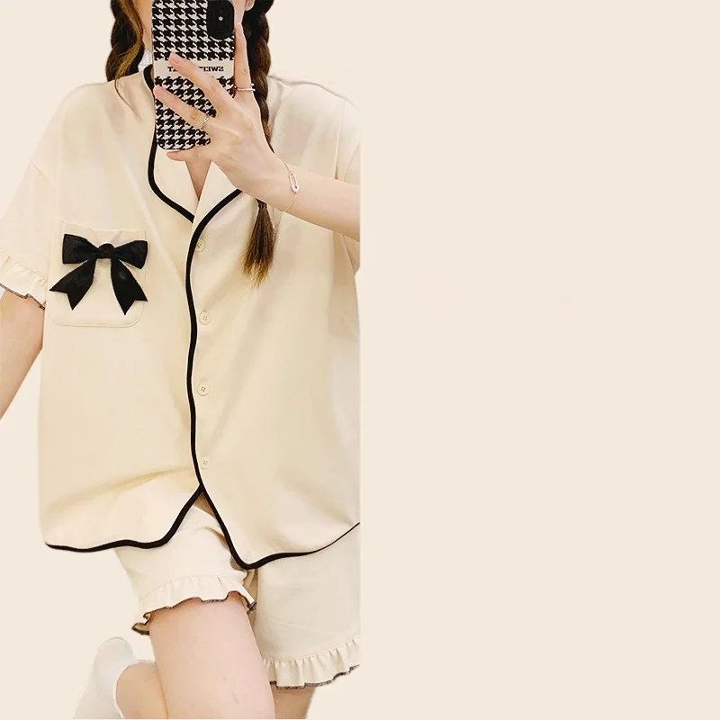 Women's New Pajamas Set Short Sleeve Shirt Sexy Bow Print Shorts Sweet Princess Summer Pyjama Big Size Homewear Cozy Soft Pjs