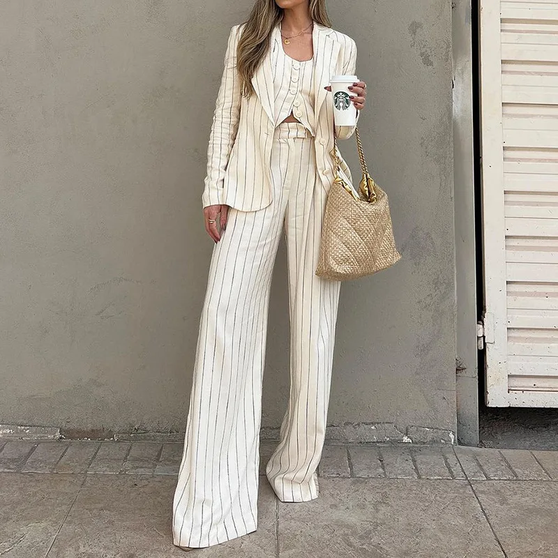

2023 new autumn style women's fashionable lapel cardigan sleeveless vest trousers three-piece set Vestidos