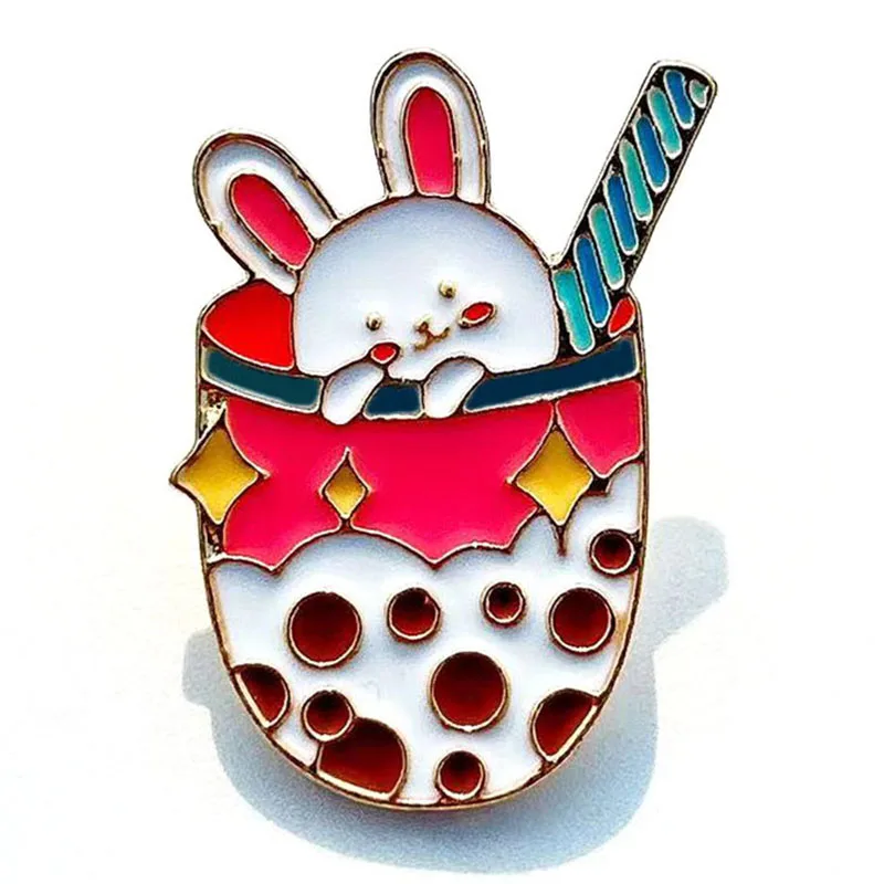 

1PCS Metal Cute Cartoon Brooch Charm Animal Milk Tea Rabbit Pins Clothing Bag Badge Accessories