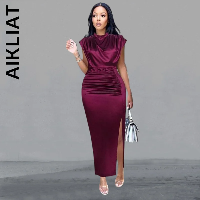 Платье Aikliat женское с высоким воротником, базовое облегающее Макси-платье без рукавов с разрезом, платье для отдыха