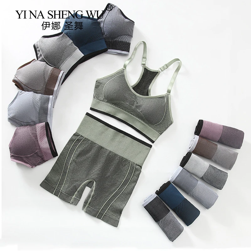 

Fitness Sports Bra Suit Seamless Women's Tracksuit Yoga Top High Waist Sports Shorts 2 Piece Set Gym Workout Crop Top Sportwear