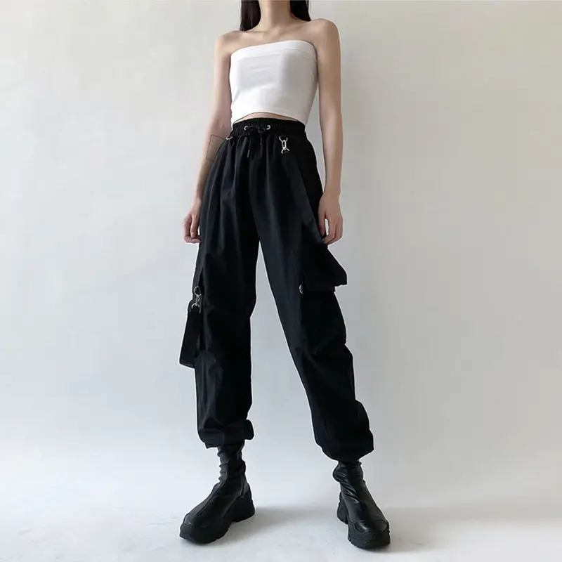 Women Fashion Harajuku Cargo Pants Black Detachable Strap Trousers Female Elastic Waist Streetwear Pants Women Casual Pants