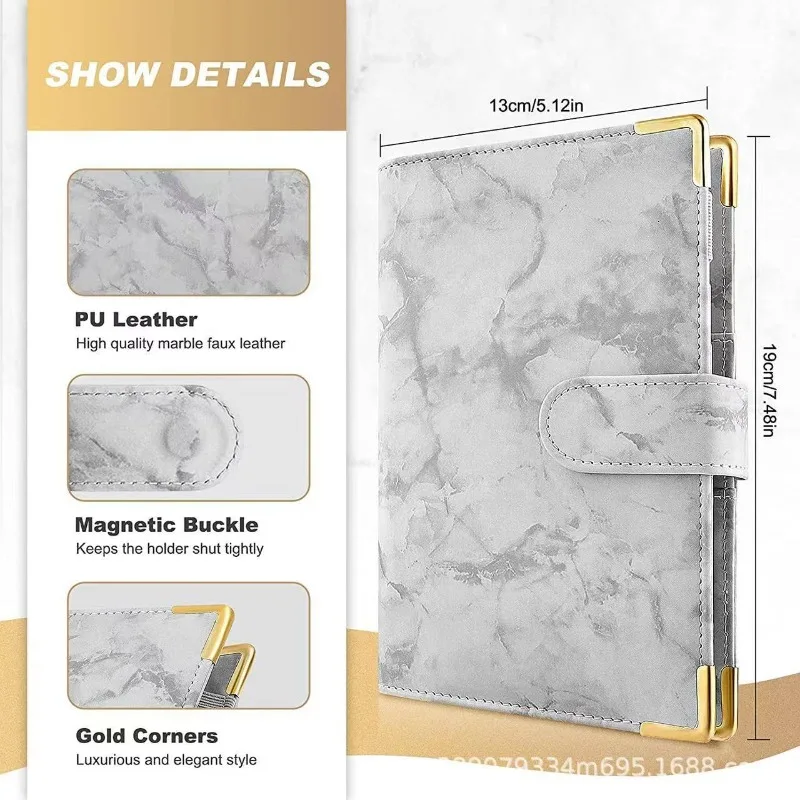 

A6 PU Leather Marble Notebook Binder Budget Planner Money Organizer for Cash Savings with 6 Zipper Envelope Pockets & Stickers