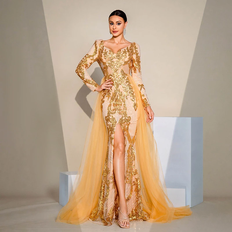 Роскошное вечернее платье Vestido De Festa женское с длинным рукавом и v-образным