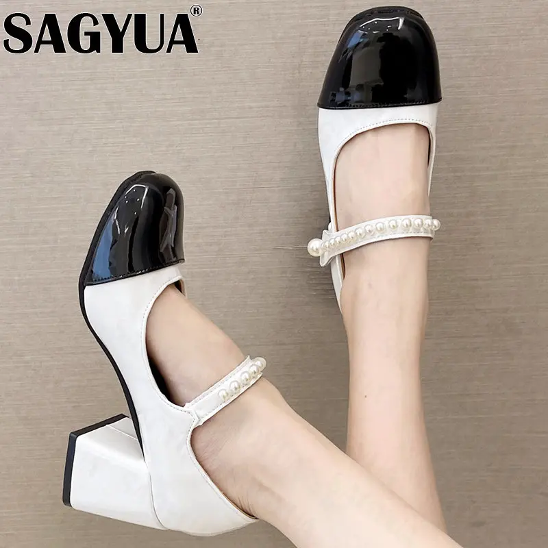

Women Mary Jane High Heels Pearl Shoes New Spring Autumn Lolita Sandals Chunky Fashion Dress Pumps Chain Mujer Zapatillas 2023