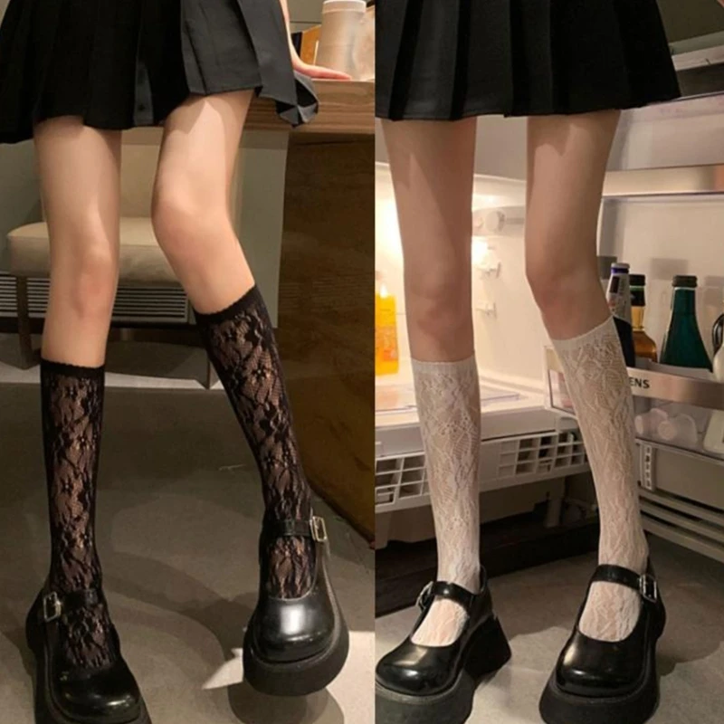 

Women Summer Thin Mesh Calf Socks Floral Lace Jacquard High Tube Stocking drop shipping