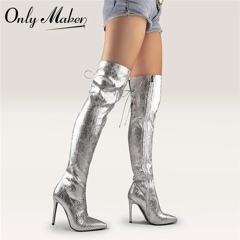 

Onlymaker Women Pointed Toe Metallic Silver Over the Knee Boots Thin High Heel Slim Heel Side Zip Glitter Fashion Long Boots
