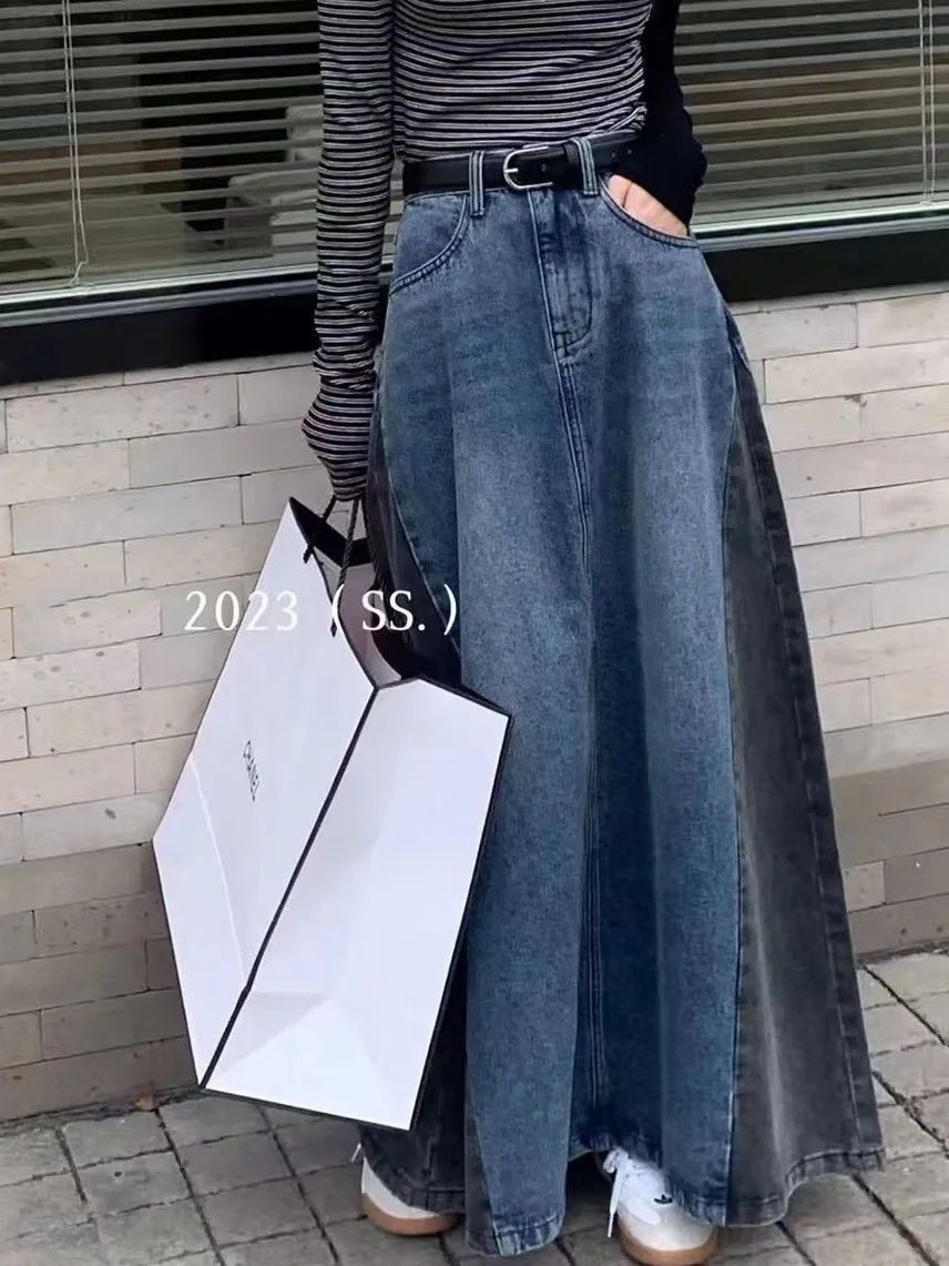 ZHISILAO Patchwork A-line Long Jeans Skirt Women Vintage Y2K Fashion Denim Skirt Spring Summer 2023 images - 6