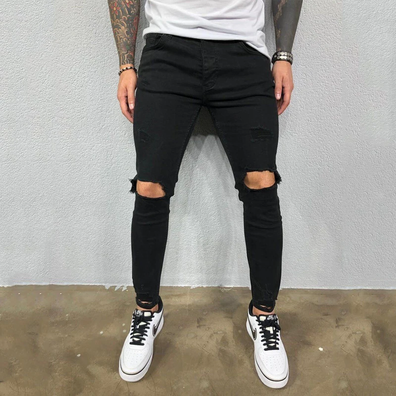High quality street men's European and American men's ripped elastic skinny jeans torn trousers youth student casual trend pants