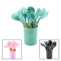 wooden handle silicone kitchenware cooking utensils set non stick cookware spatula shovel egg beaters kitchen cooking tool set