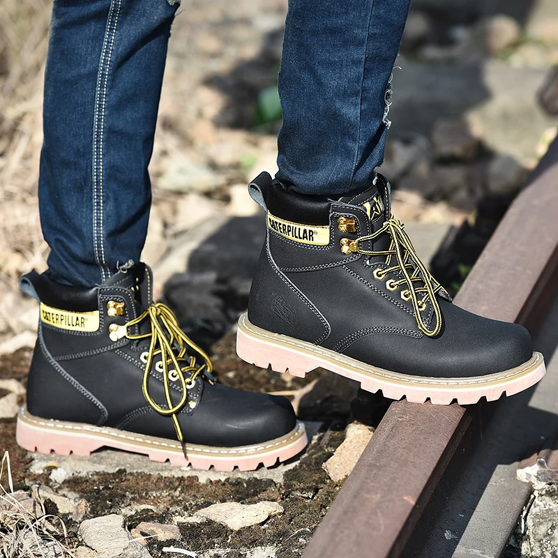 Couple's Leather Tooling Shoes Steel Head Impact Resistant Plush Wear-Resistant Outdoor Sports Lace Up For Men Hiking Sneakers