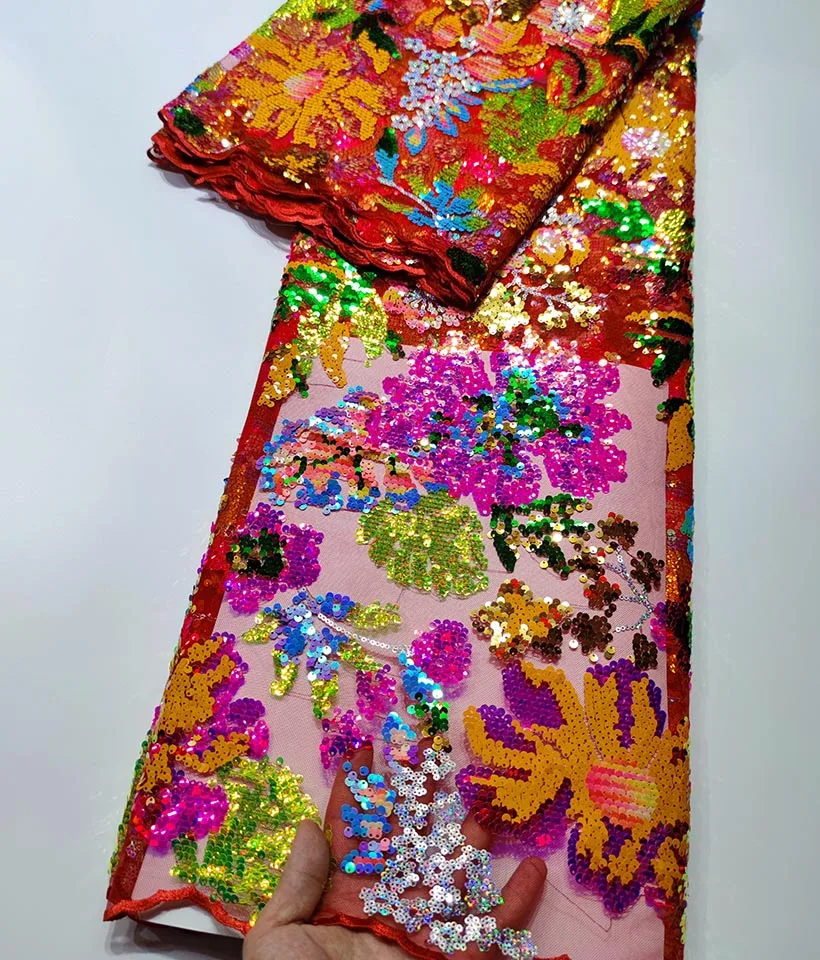 

New Red Luxury African Sequins Lace Fabric 2022 French Tulle Net Lace,High Quality Net Embroidery Nigerian Wedding Party 5Yards