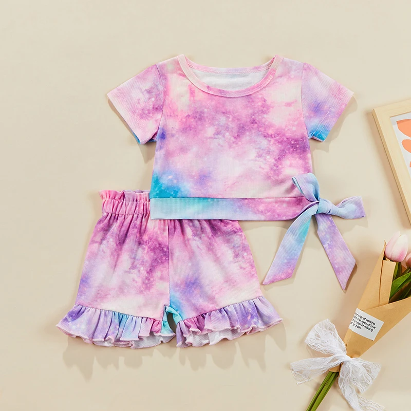 

New Infant Girls Summer 2Pcs Outfit Sets Short Sleeve Round Neck Knotted T-Shirt + Tie Dye Print Ruffle Shorts 18 Months-6 Years