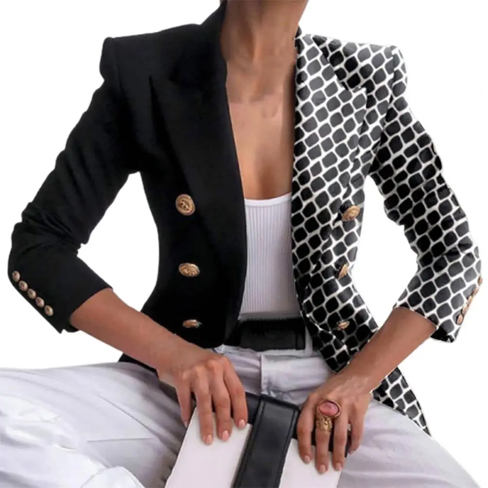 Women Blazers Elegant Double Breasted Turn Down Collar Suit Coat Autumn Winter Office Lady Blazer Jacket Fashion Print