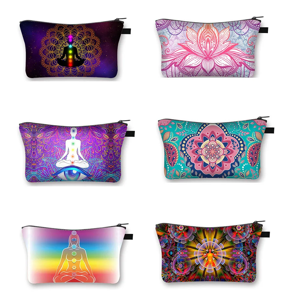 

Buddhist Datura Mandala Flower Cosmetic Cases Seven Chakras Meditation Women Makeup Bag Waterproof Toiletries Organizers Bag