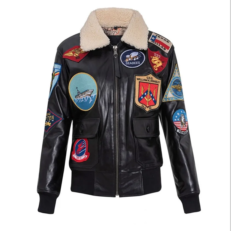 Black TOP GUN Maverick G1 Jacket Women Military Style Natural Thin Sheepskin Winter Warm Aviator Genuine Leather Coats