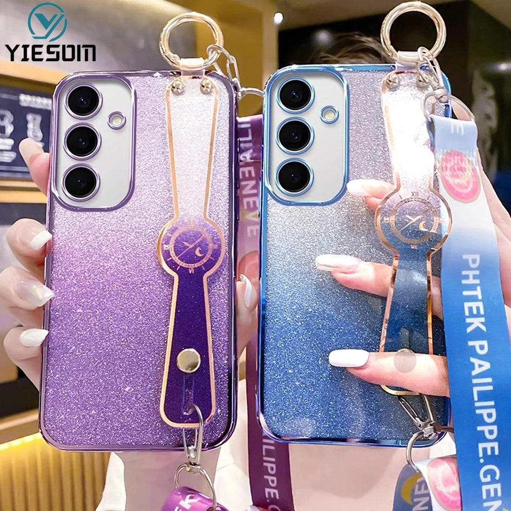 Блестящий чехол с ремешком на запястье для телефона Samsung Galaxy S24 S23 S22 S21 S20 Ultra Plus FE