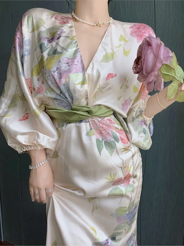 

Summer Elegant Casual Women Midi Dress Long Sleeve Satin Vintage Party Prom Vestidos Femme Fashion Prom Evening Robe Clothes