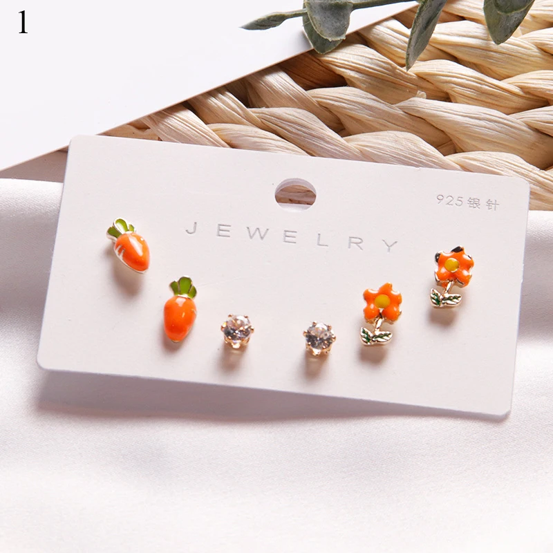 

2022 New 3Pairs/Set Sweet Earrings Set Ear Studs Earrings Rhinestone Fruits Shaped Stud Fashion Piercing Jewelry For Female