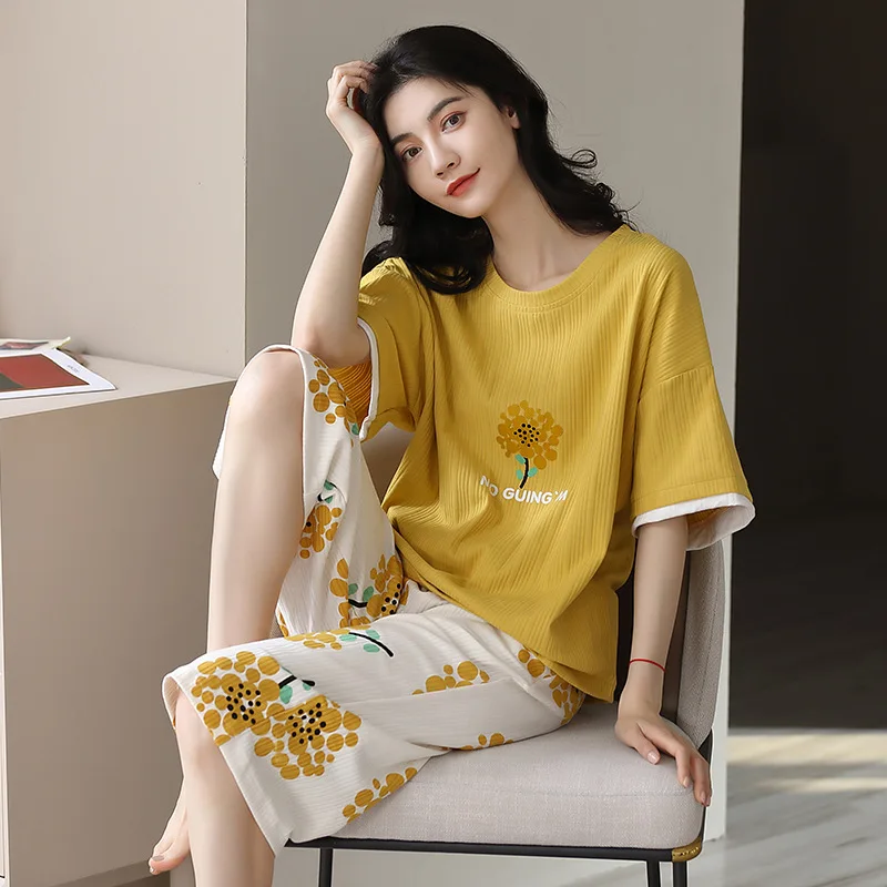 M-5XL Cartoon Cute Women Pajamas Summer Cotton Short-Sleeved Cropped Pants Two-Piece Set New Large Size Nightwear Home Clothes