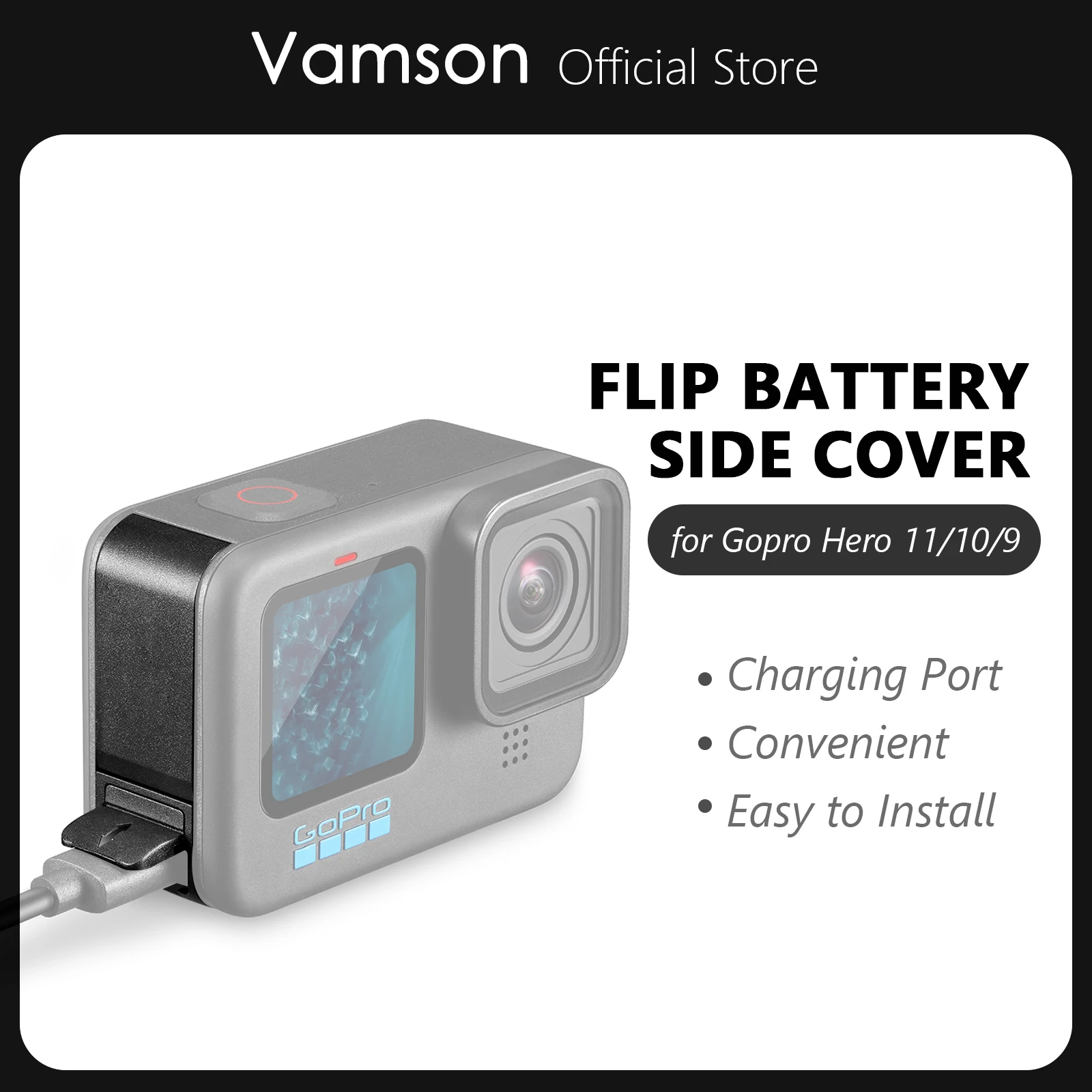 

Vamson Side Case for GoPro 11 10 9 Accessories Removable Flip Battery Door Cover for Go Pro Hero 11 Action Camera