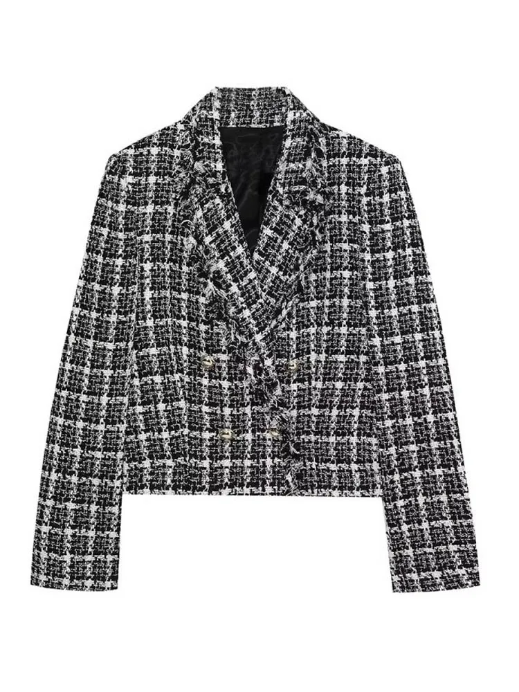 

Plaid Short Blazers Coats Suit 2022 Autumn Women Double Breasted Female Elegant Street OL Blazer Outerwear Clothing