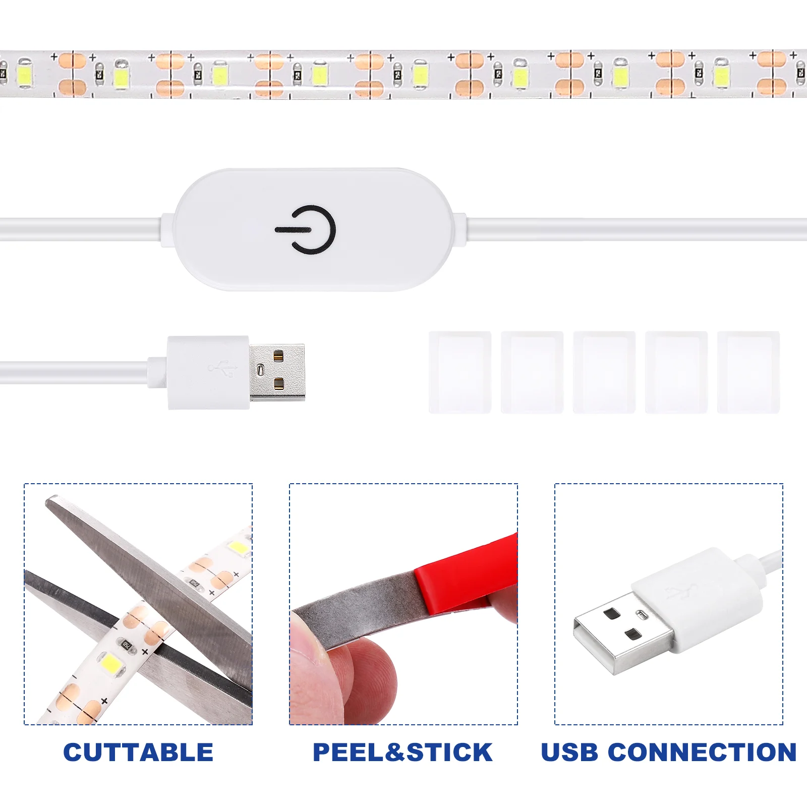Самоклеящаяся световая лента Mobestech 2 метра 5 В USB 6500 К холодный белый свет