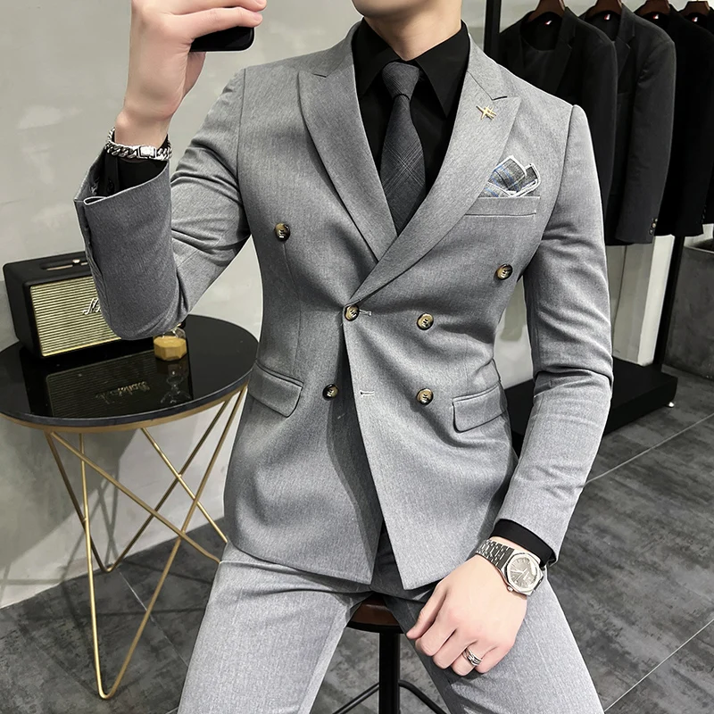 

High-end weddingmens suits (Blazer+ western pants) double-breasted three-piece suit British style slim gentlemanthree-piece suit