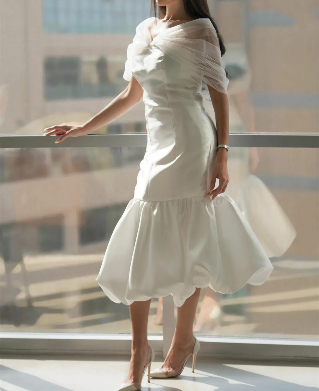 

Vintage Short Satin Muslim Evening Desses Mermaid Off Shoulder Tea Length Ruffled Prom Party Gowns Vestidos Robe De Soiree