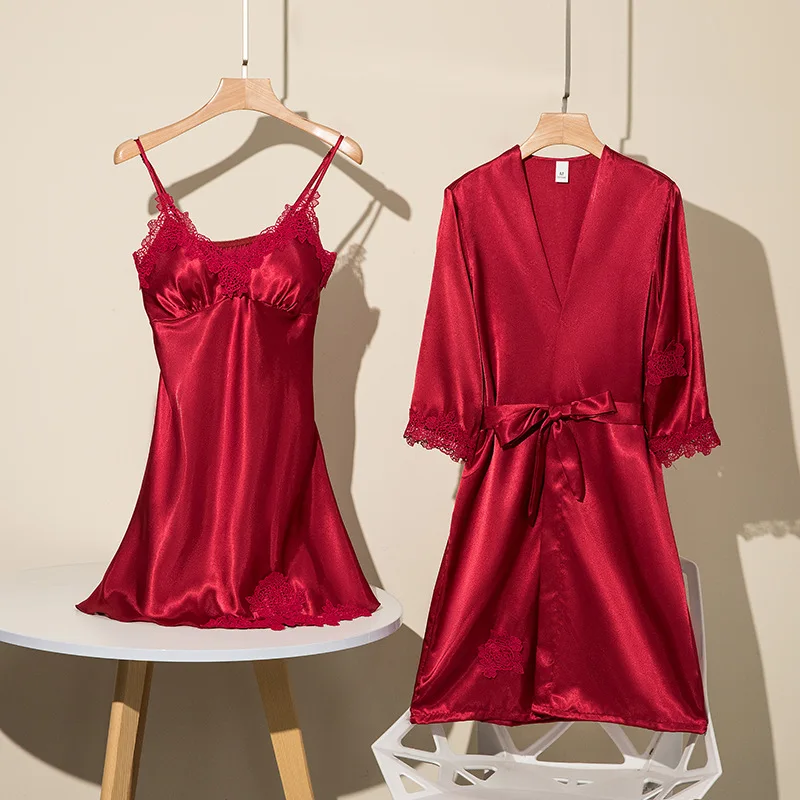 [With chest pad] pajamas women's summer ice silk nightgown sexy two-piece nightdress suspenders spring and autumn bathrobe silk