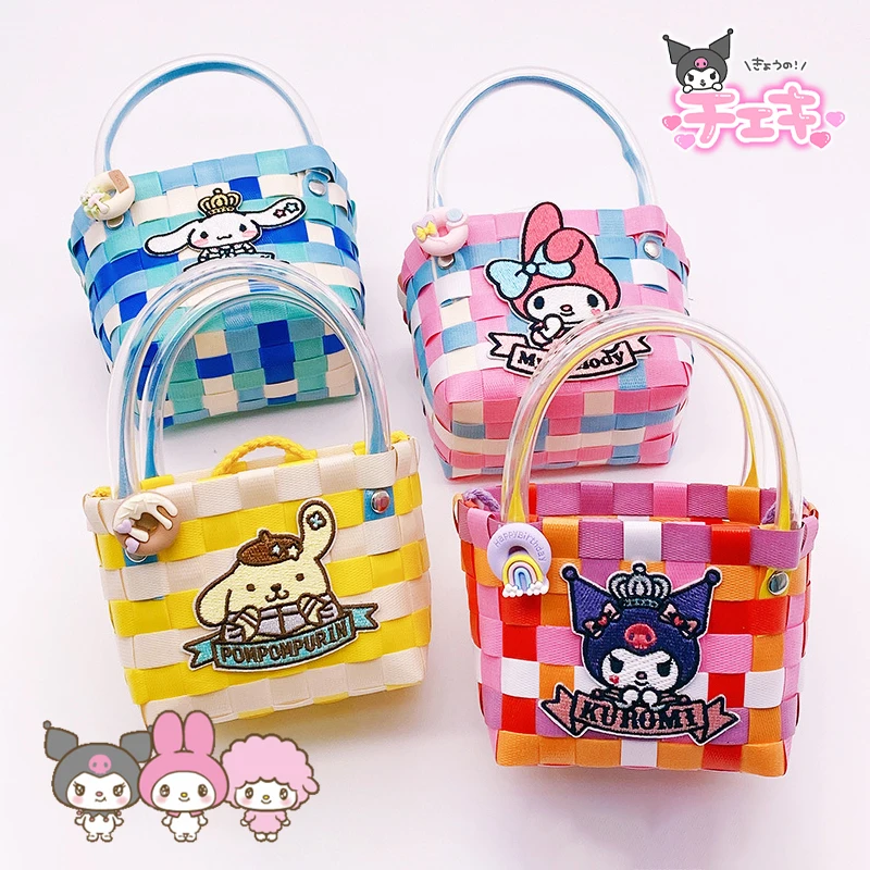 

Sanrio Kuromi Handbag Anime Kawaii My Melody Cartoon Cinnamoroll Cute Braid Cloth Sticker Flower Hand Basket Girls Gifts