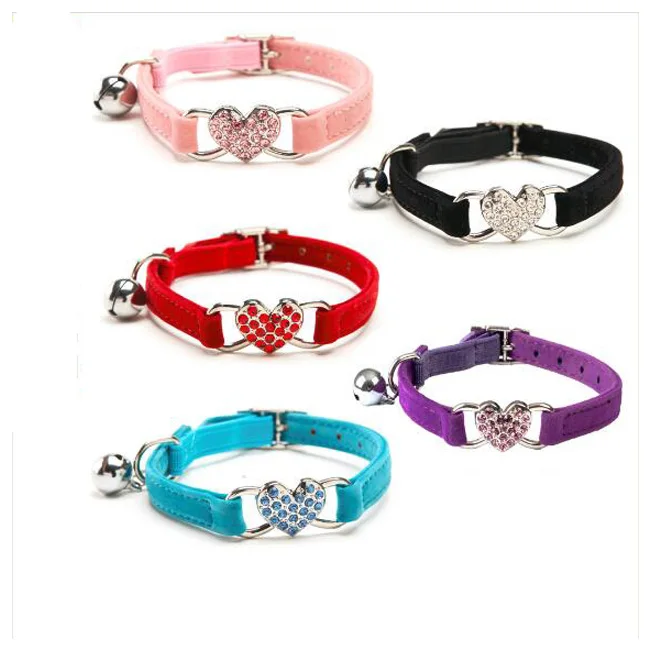 

Heart Charm Bell Cat Safety Elastic Adjustable Soft Velvet Pet barbell Rhinestones Crystal Bling Dog Collar