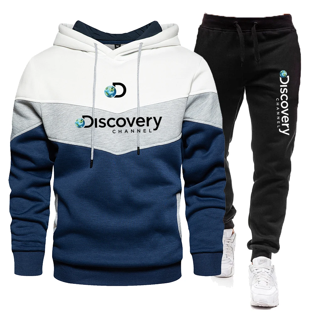 New Discovery Channel Men's Zip Sweatshirt + Sweatpants Male Luxury Thermal Sportswear Set Men Winter Hoodie Jacket Fleece Suit