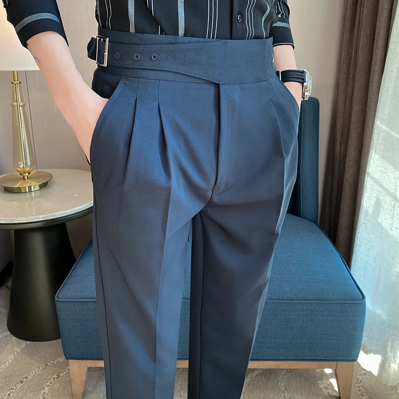 

British Style Men High Waist Casual Dress Pant Men Belt Design Slim Trousers Formal Office Social Wedding Party Dress Suit Pants