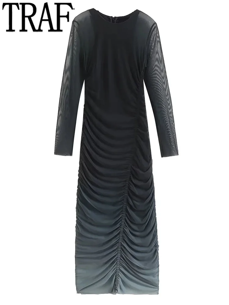 

TRAF Print Tulle Long Dress Women Ruched Mesh Dress Woman Elegant Bodycon Dresses For Women Semi Sheer Long Sleeve Midi Dresses