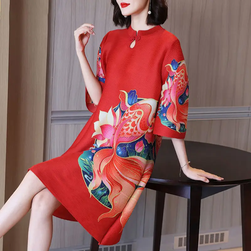 

Chinese short sleeve cheongsam pleated dress female 2022 summer and autumn new lady print o neck loose a-line skirt female tops