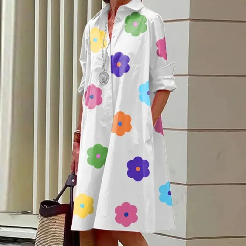 

Casual Pocket Straight Party Dress Spring Summer Fashion Graffiti Print Shirt Dress Women's Lapel Single Breasted Commuter Dress