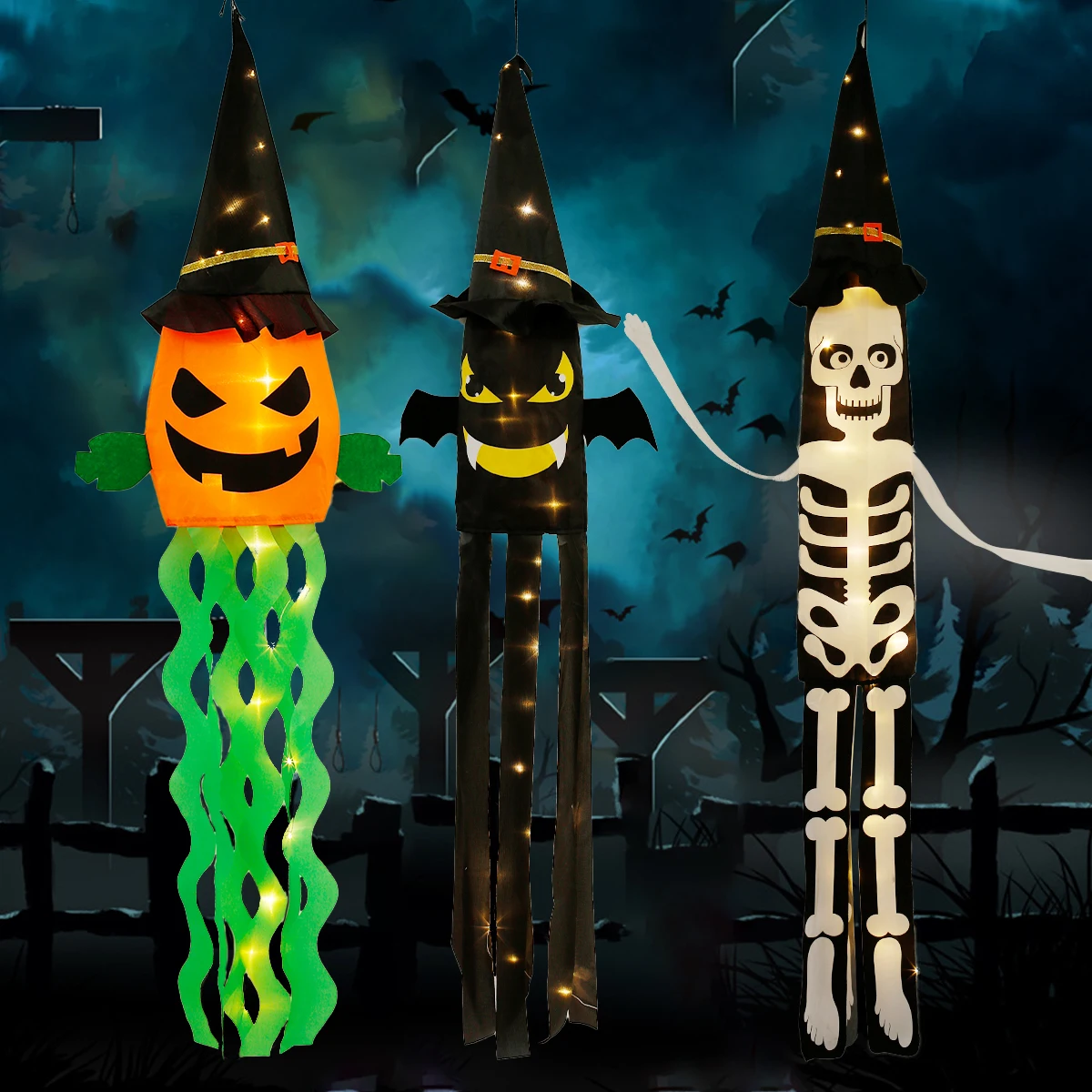 

Хэллоуин скелет ветрозащитные флаги светящиеся человеческие скелеты подвесные украшения тыквы ветрозащитные флаги с теплыми желтыми свет...