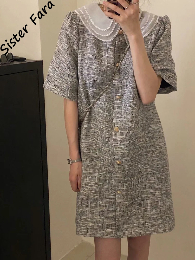 

Sister Fara Peter Pan Collar Elegant Dresses for Women's Summer Straight Slim A-LINE Dress Female Single-breasted Mini Dresses