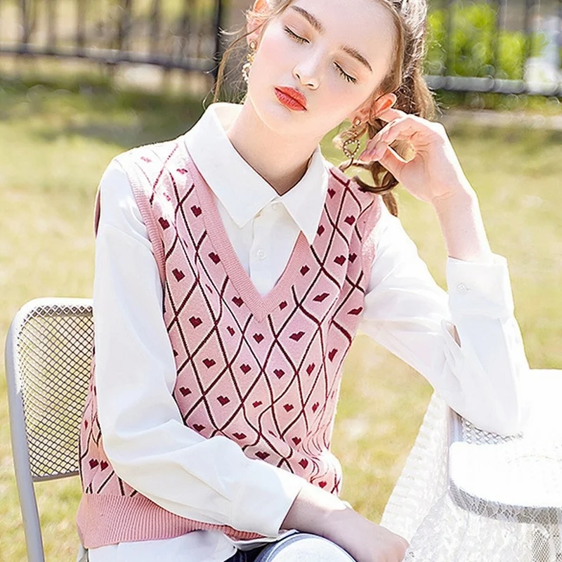 

Argyle Sweater Vest Women Sweet Pink Cottagecore V Neck Sleeveless Knit Sweaters Vests 2021 New Fashion Spring Autumn Streetwear