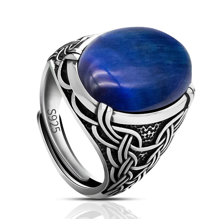 

Genuine 925 Sterling Silver Open Size Ring Natural Blue Stone Handmade Vintage Turkish Unisize Adjustable Silver Mens Ring