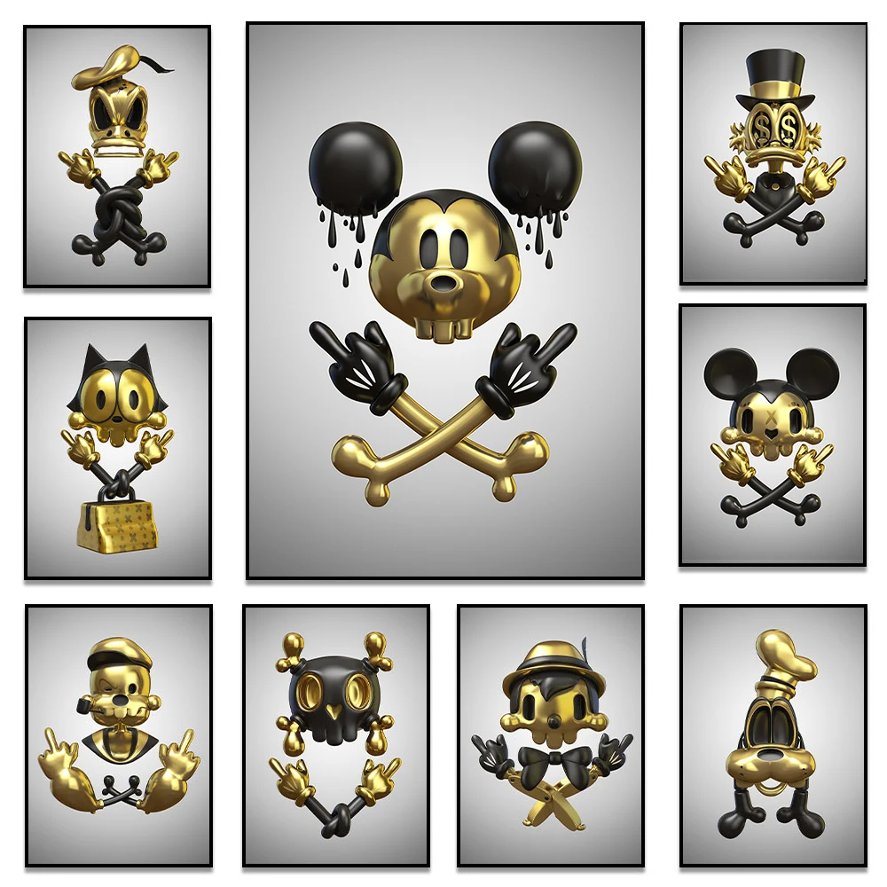 

Disney Gold Black Sculpture Poster Mickey Mouse Duck Prints Cartoon Figure Statue Wall Art Canvas Paintings Home Decoration Gift