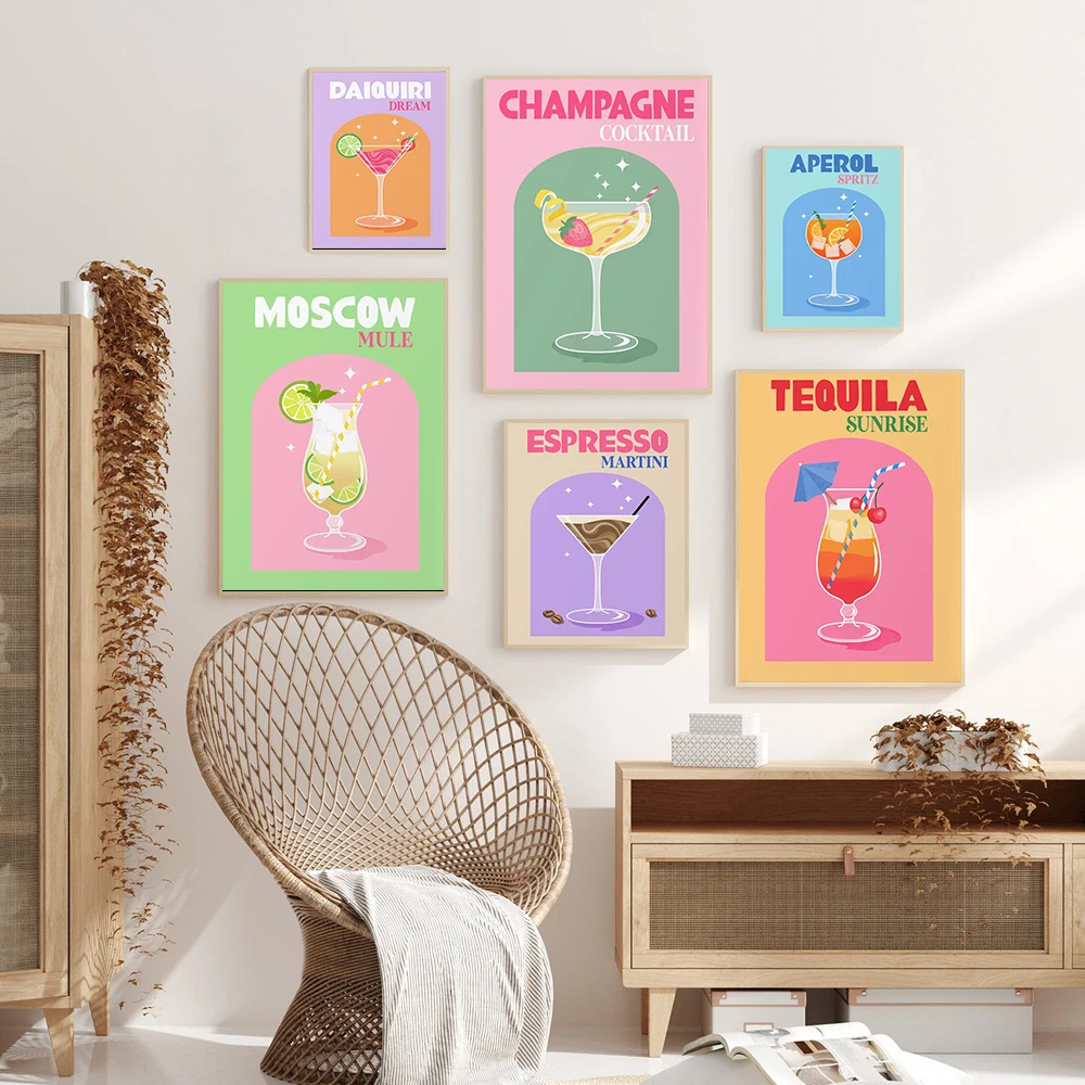 

Nordic Poster Vintage Colorful Cocktail Canvas Painting Art Print Minimalist Picture Modern Bar Kitchen Home Decor Painting